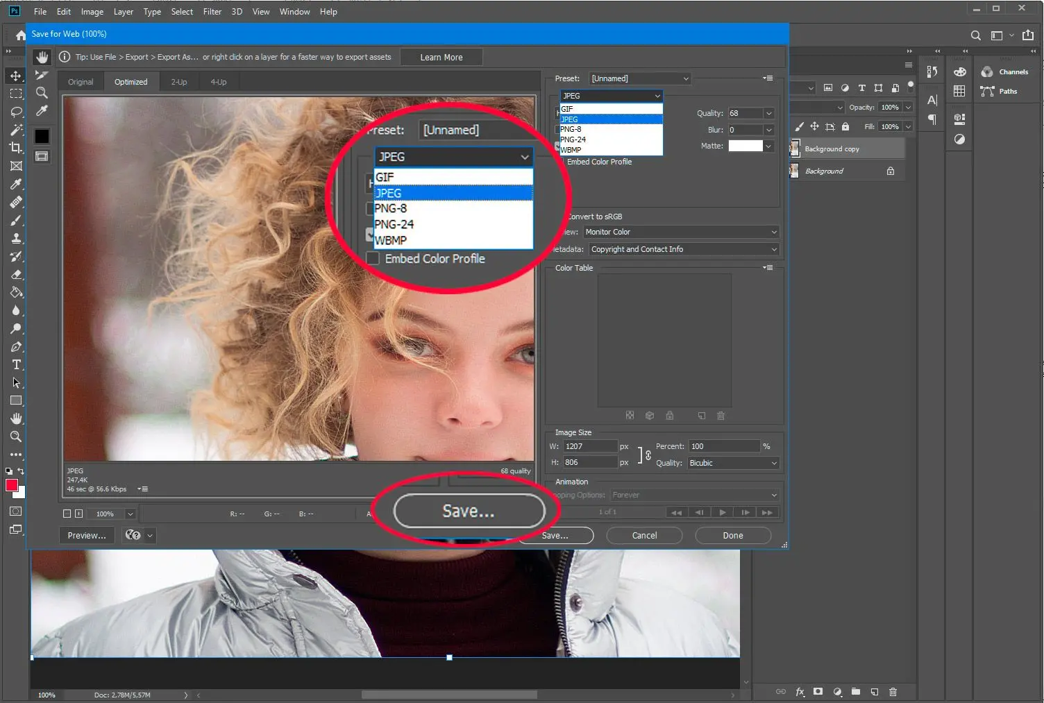 Adobe Photoshop. tallenna PSD verkkoon jpg-muodossa...