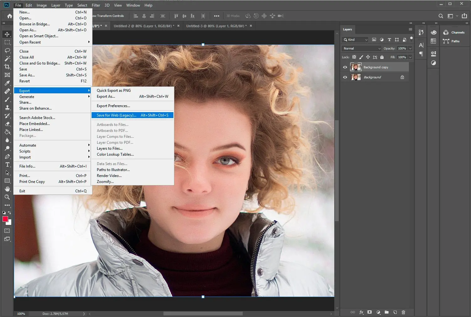 Adobe Photoshop. Valitse tallennus verkkoon..