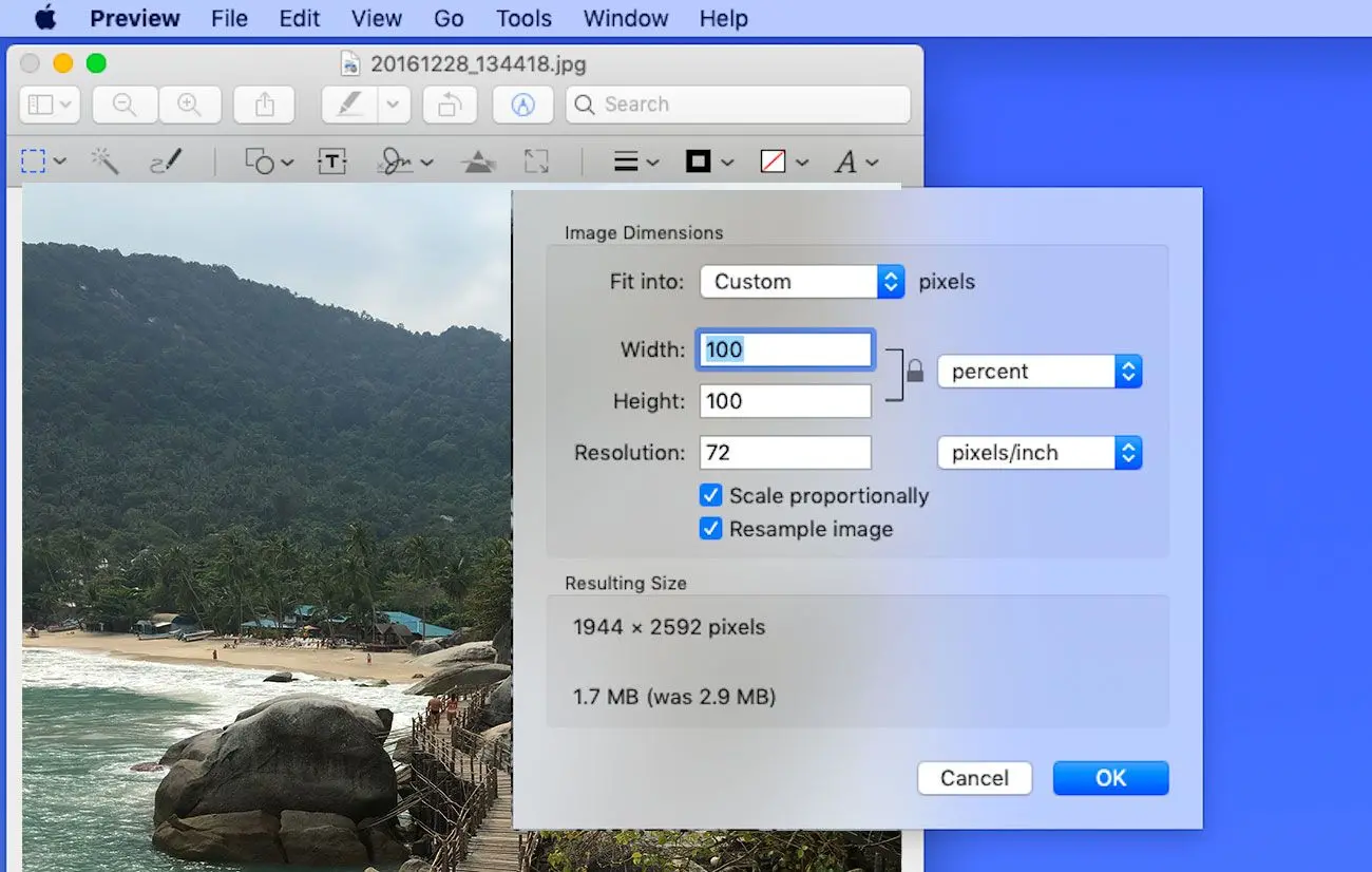 Muuta valokuvan kokoa Macissa KB -yksiköissä..