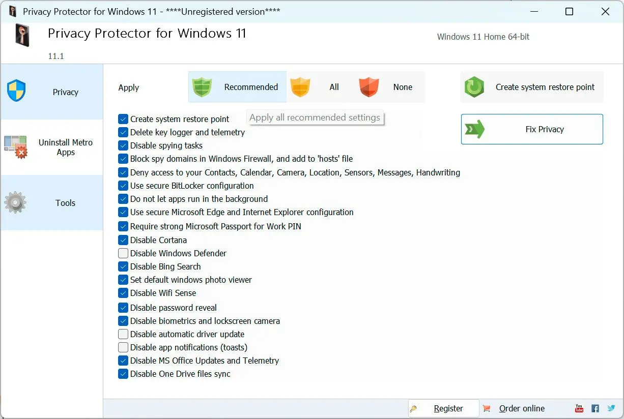 Privacy Protector for Windows 11 Kuvakaappaus.