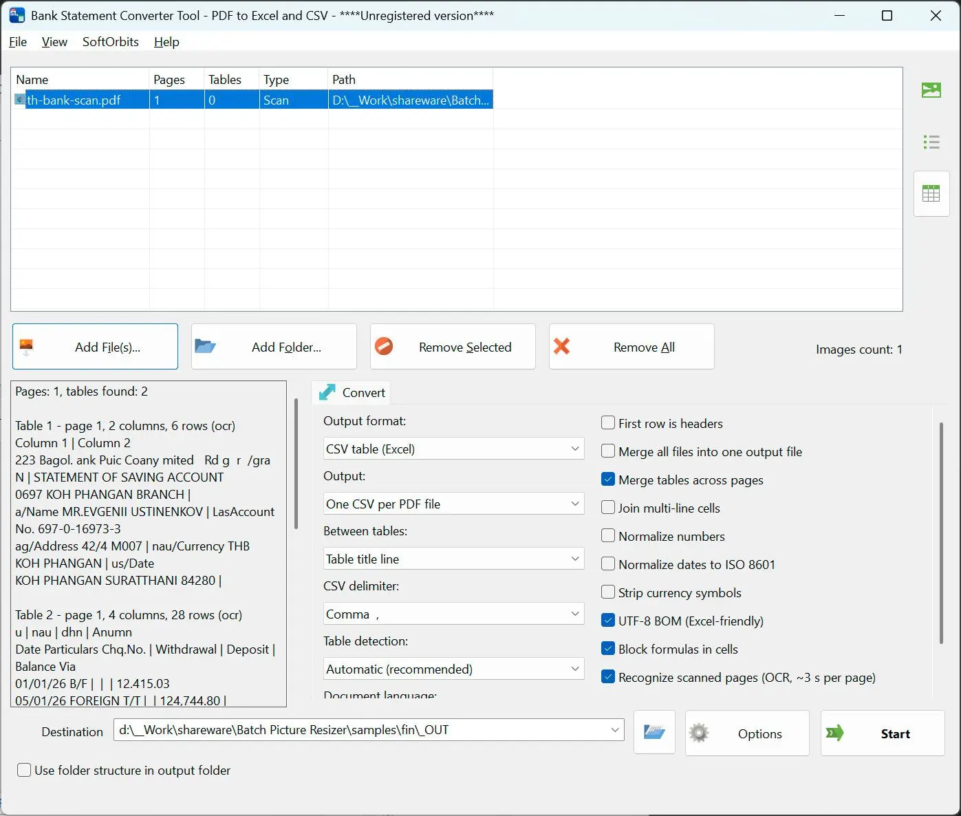 PDF to CSV Converter Kuvakaappaus.