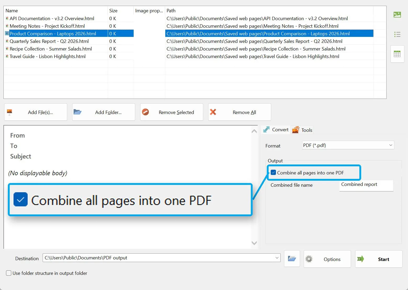 Valitse Yhdistä kaikki sivut yhteen PDF-tiedostoon.