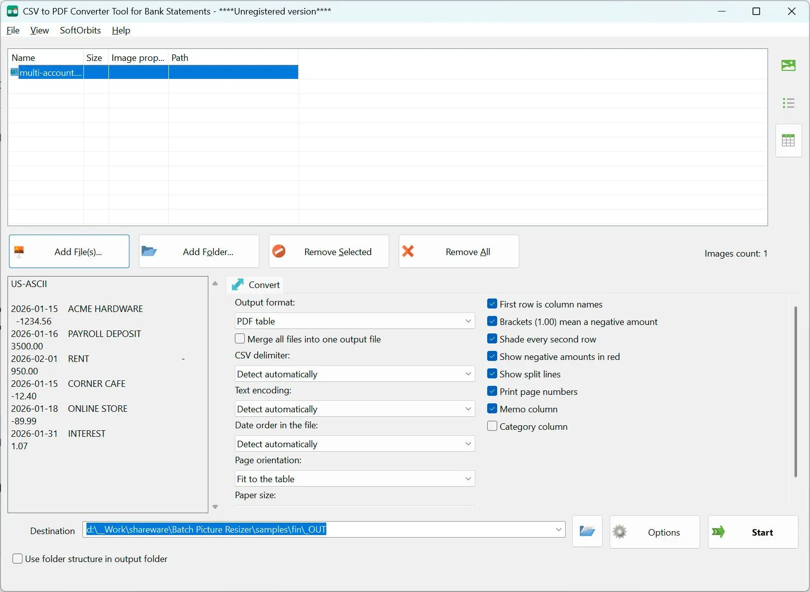 CSV to PDF Converter Kuvakaappaus.