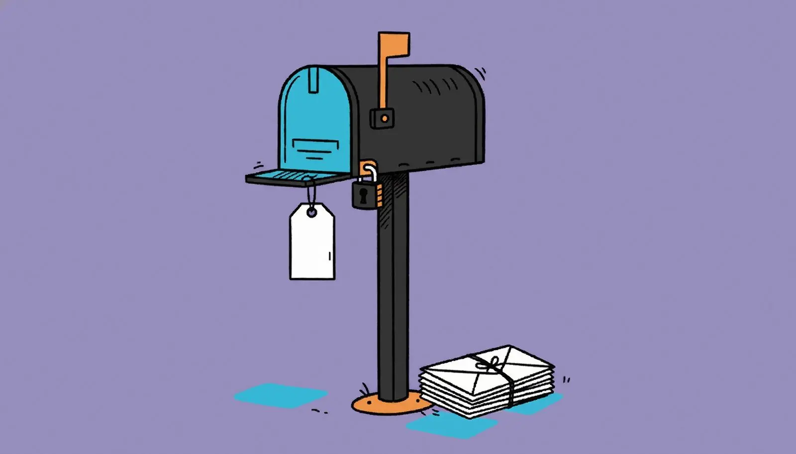 Suljettu postilaatikko ja nippu tallennettuja kirjeitä sen vieressä.