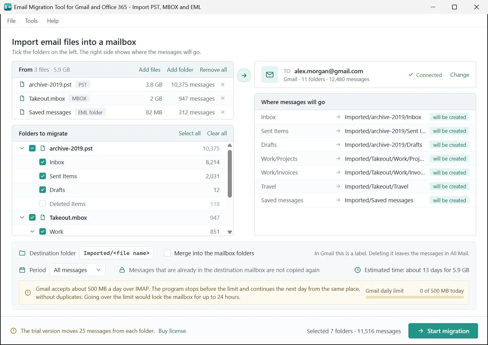 Email Migration Tool for Gmail and Office 365 - Import PST, MBOX and EML Kuvakaappaus.