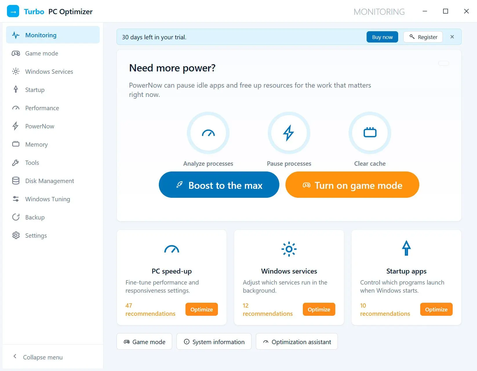 Turbo PC Optimizer Kuvakaappaus.