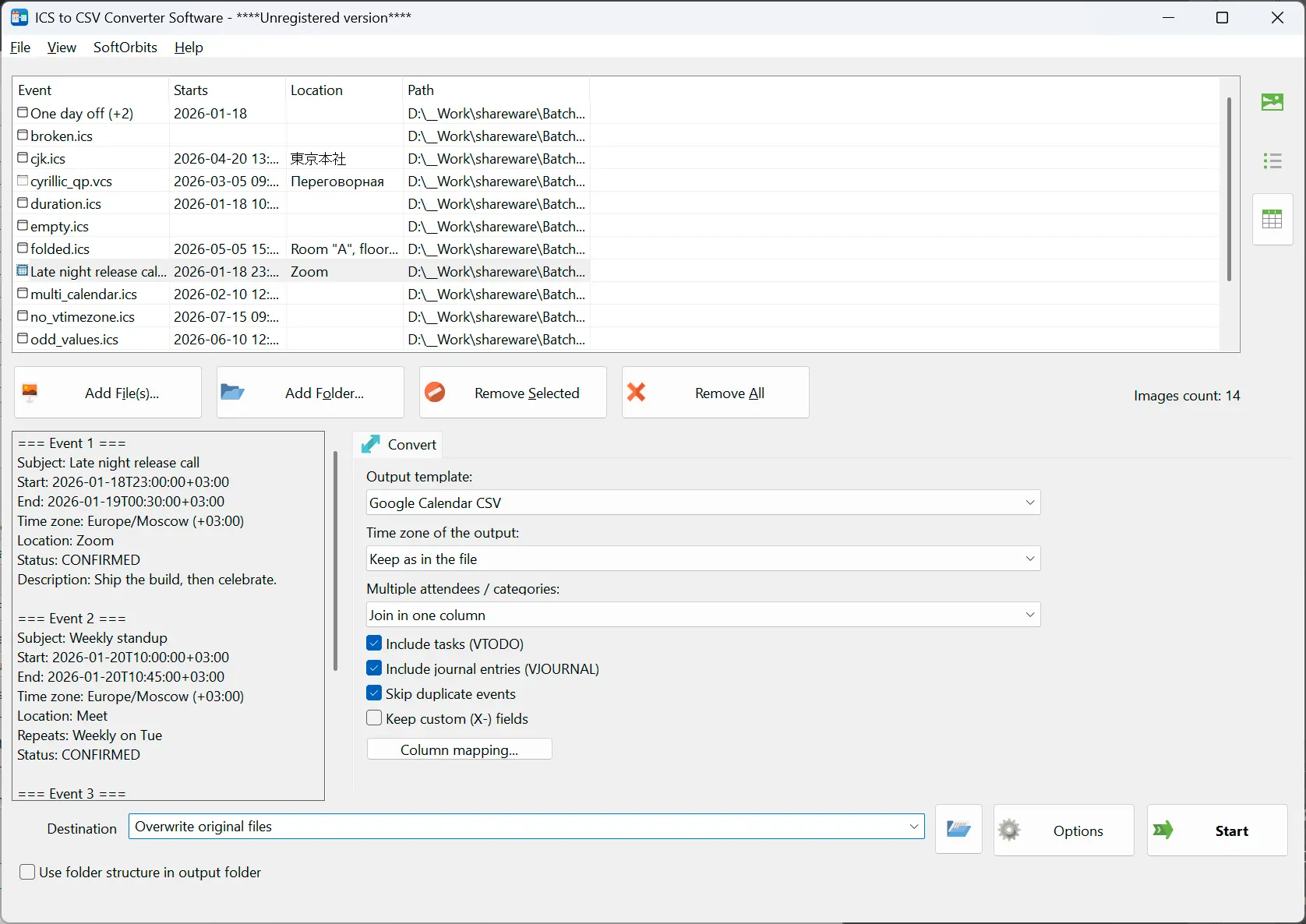 ICS to CSV Converter Kuvakaappaus.