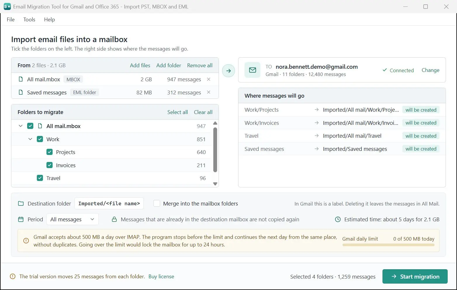Email Migration Tool for Gmail and Office 365 - Import PST, MBOX and EML Kuvakaappaus.