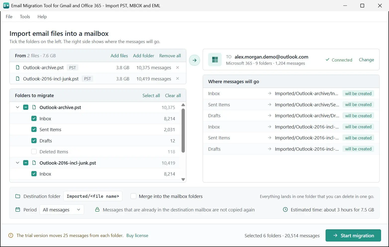 Email Migration Tool for Gmail and Office 365 - Import PST, MBOX and EML Kuvakaappaus.