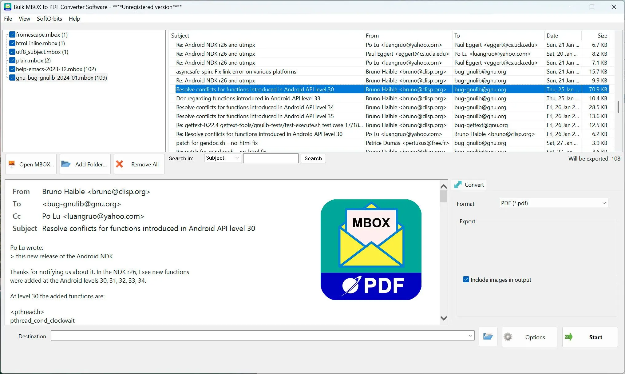 MBOX to PDF Converter Software Kuvakaappaus.
