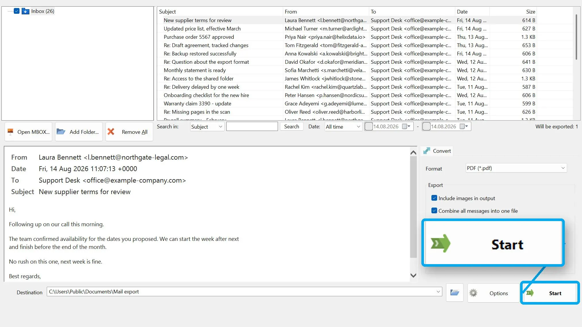 MBOX to PDF Converter Software Kuvakaappaus.