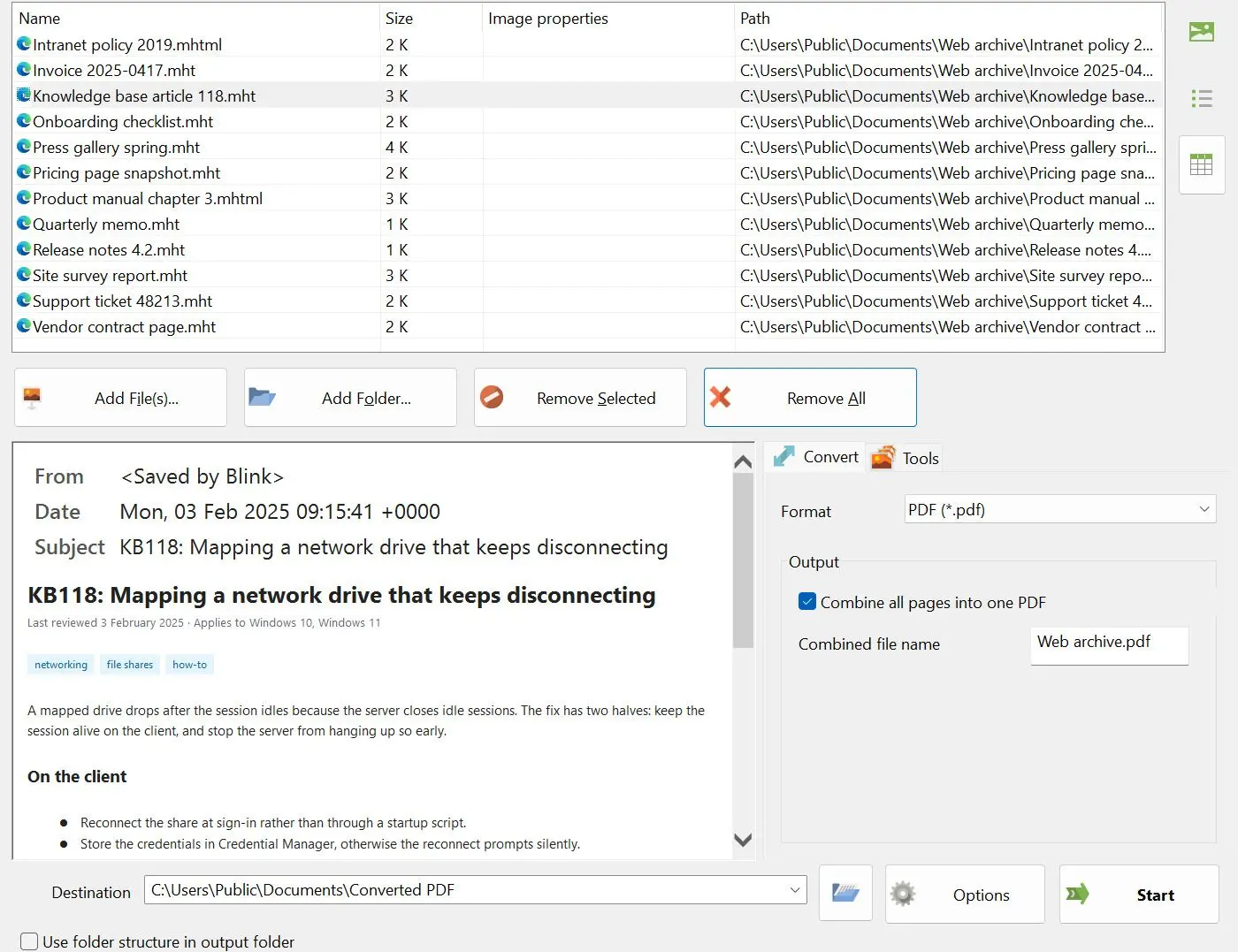 MHTML to PDF Converter Kuvakaappaus.