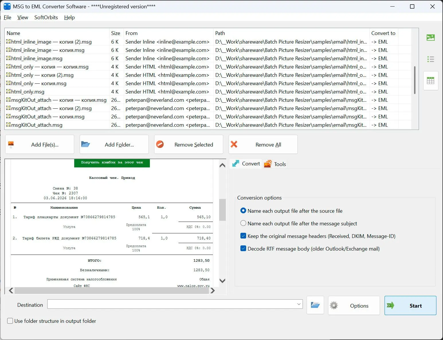 MSG to EML Converter Software Kuvakaappaus.