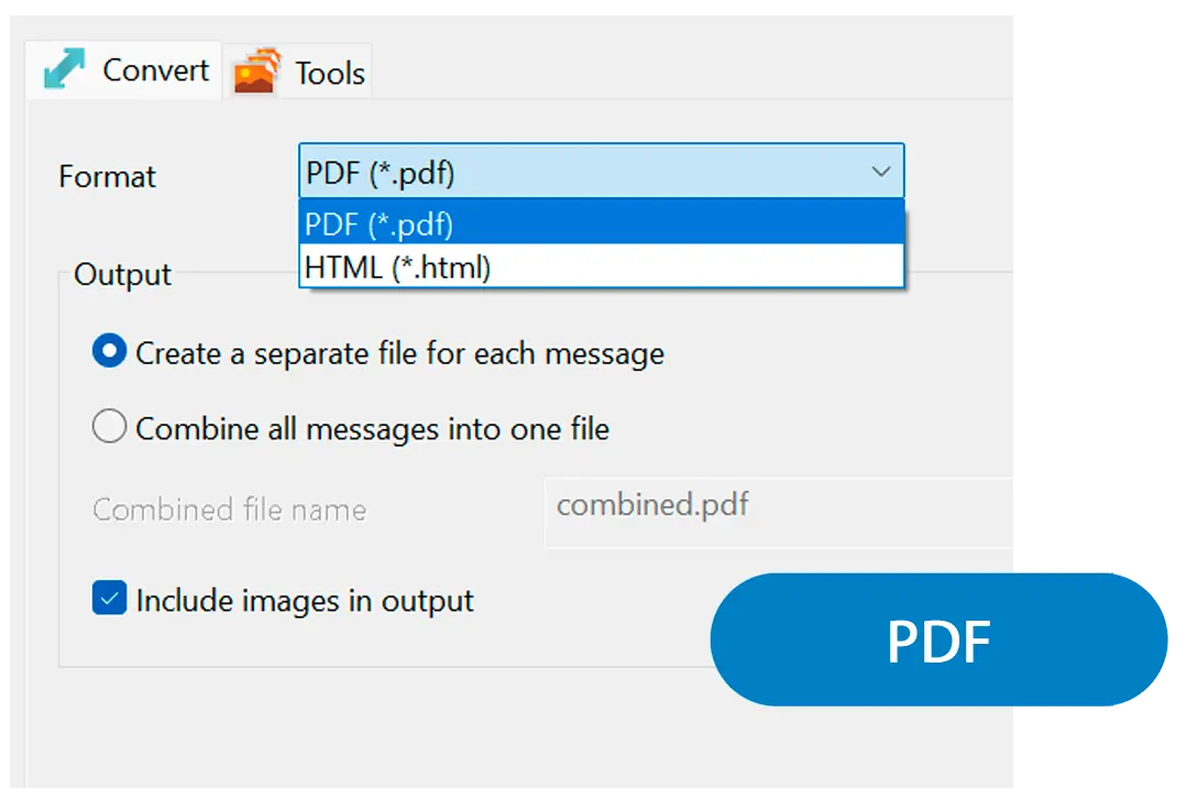 Valitse PDF tai HTML ja ryhmittelytapa.
