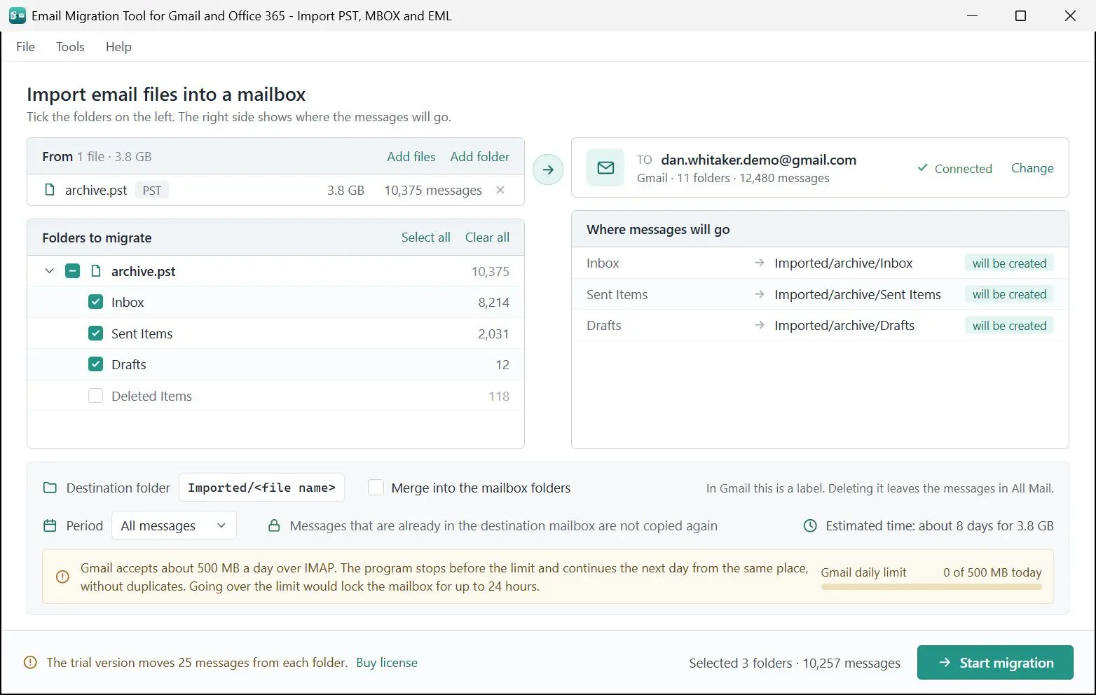 Email Migration Tool for Gmail and Office 365 - Import PST, MBOX and EML Kuvakaappaus.