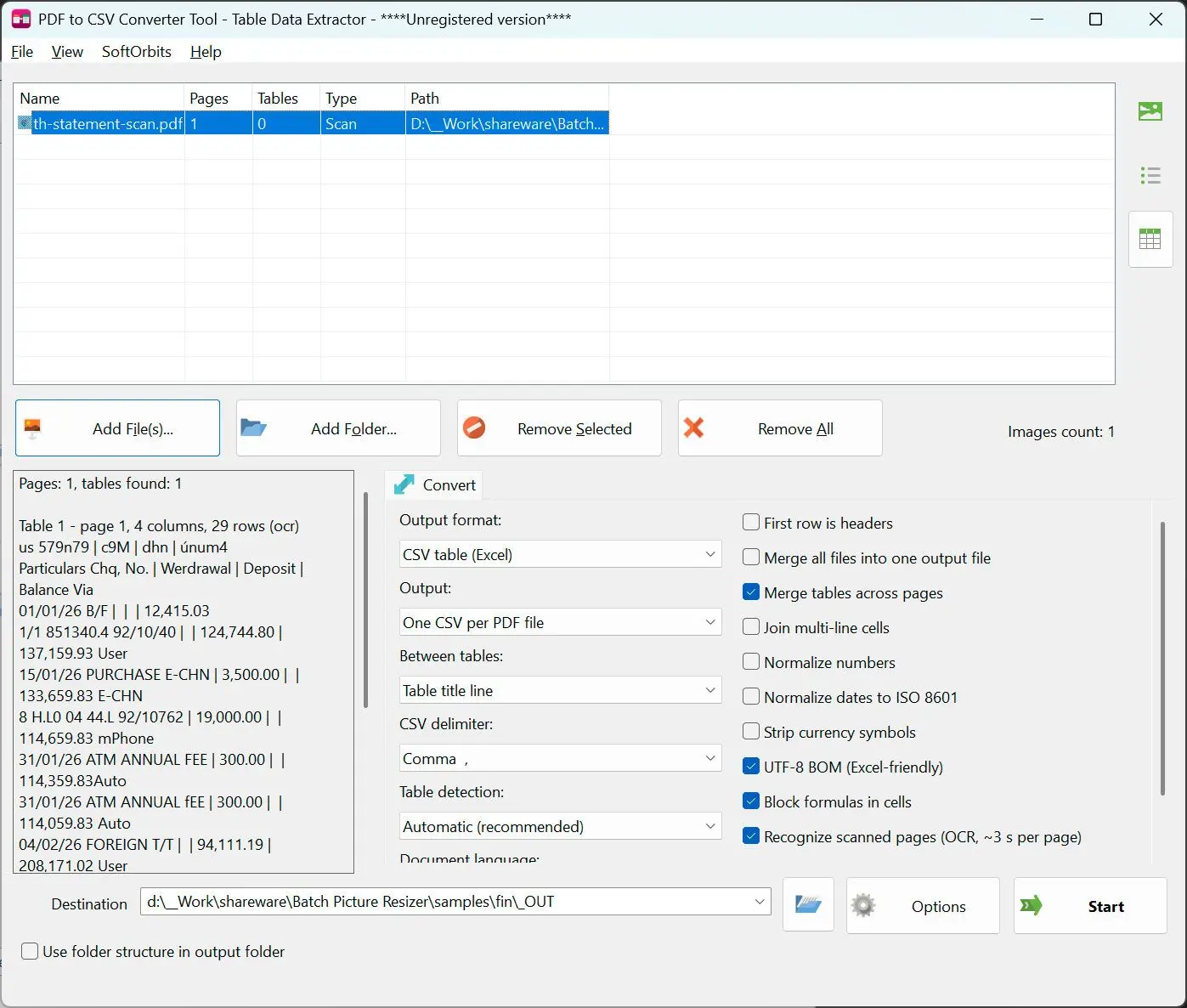 PDF to CSV Converter Kuvakaappaus.
