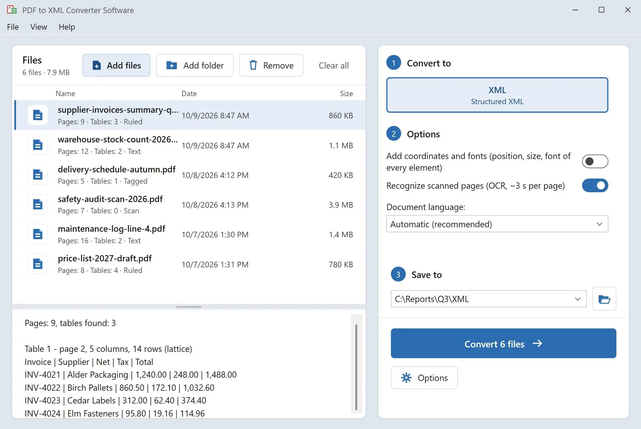 PDF to XML Converter Software Kuvakaappaus.