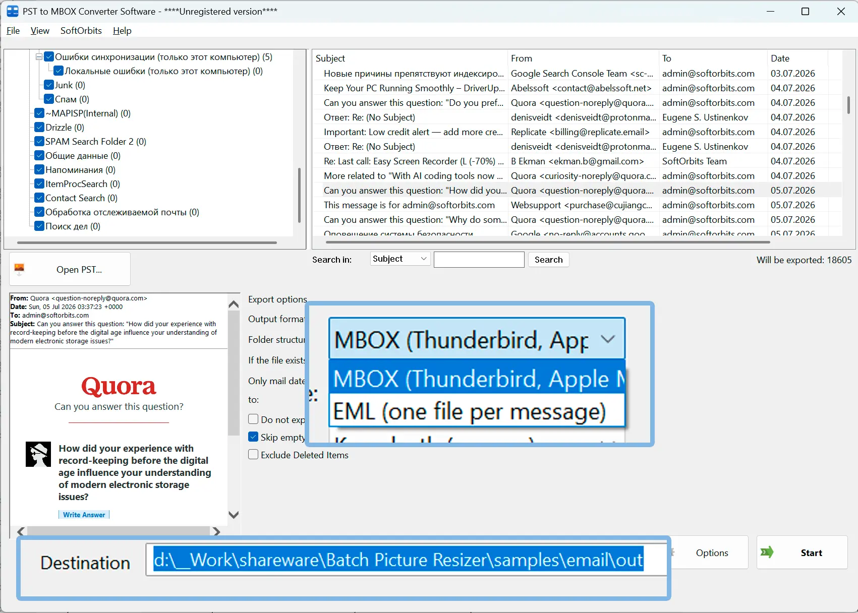 Valitse MBOX ja tulostuskansio.