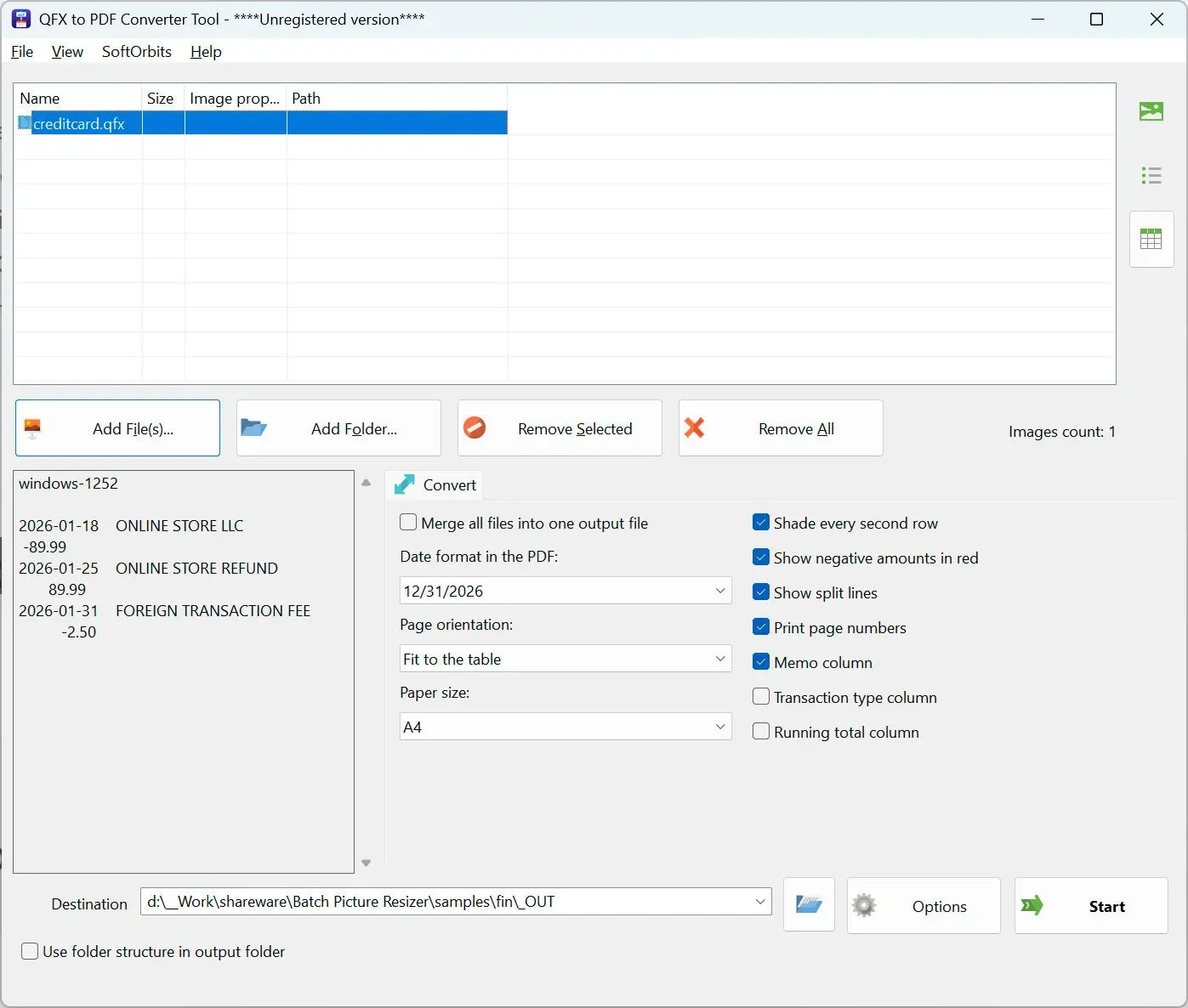 QFX to PDF Converter Kuvakaappaus.