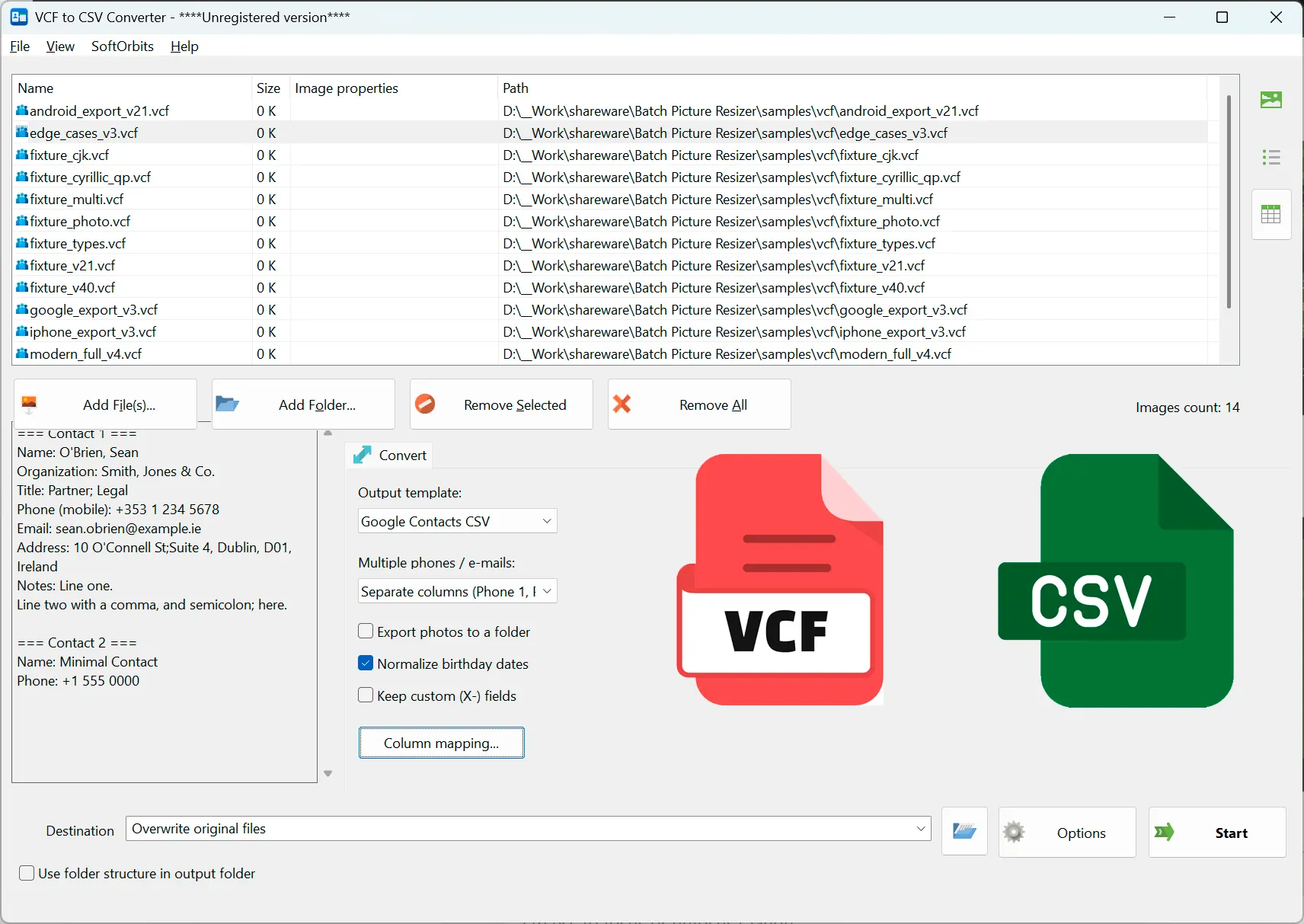 VCF to CSV Converter Software Kuvakaappaus.