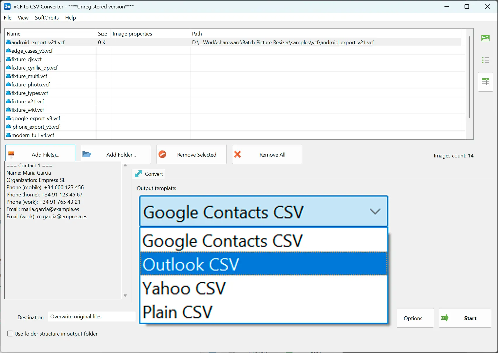 Valitse CSV-valmius ja asetukset.